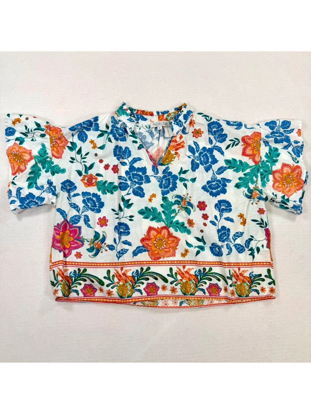 Rachel Zoe Floral Border Print Flutter Sleeve Top Large Boho